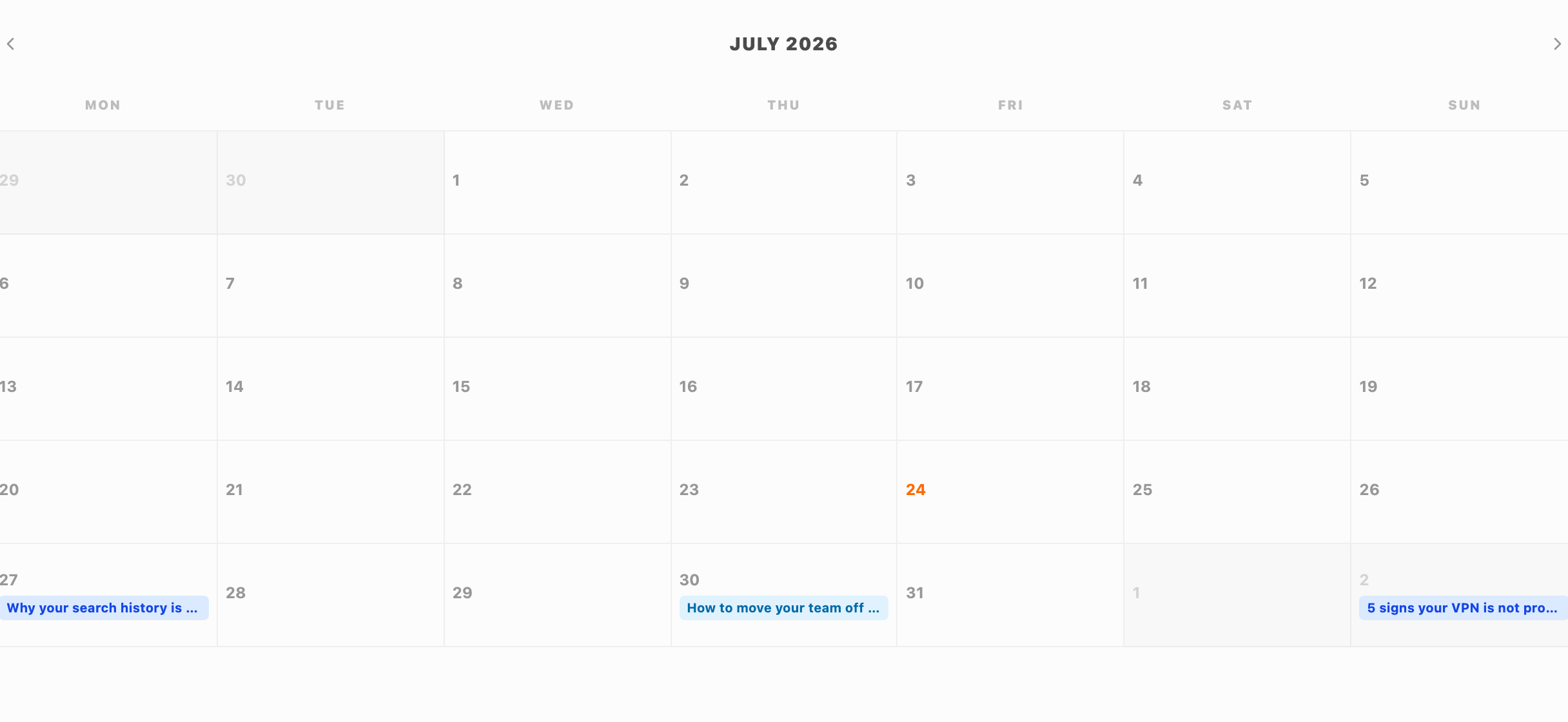 Content calendar — posts scheduled across the month